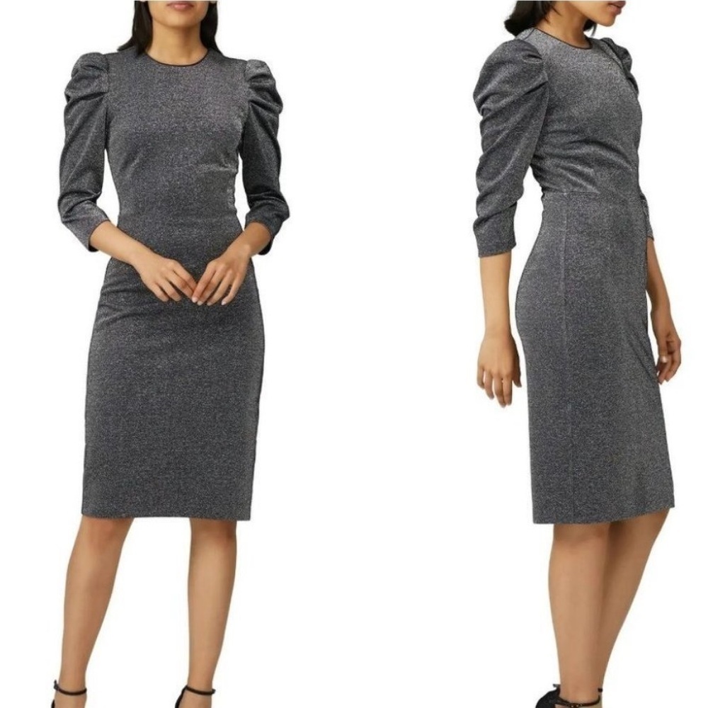 Halston Black Silver Metallic Puff Sleeve Draped Sheath Dress